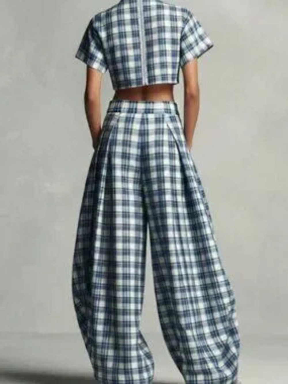 ZARA Baby Blue Casual Women's High Neck Short Sleeve Top And Wide Leg Pants Set